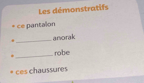 Les démonstratifs 
ce pantalon 
_anorak 
_ 
robe 
ces chaussures