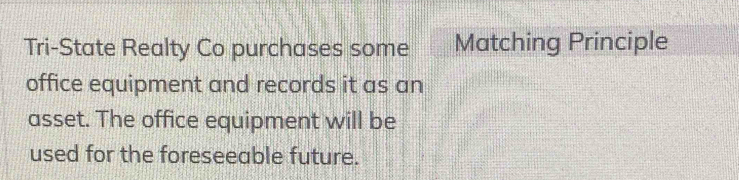 Tri-State Realty Co purchases some Matching Principle
office equipment and records it as an
asset. The office equipment will be
used for the foreseeable future.