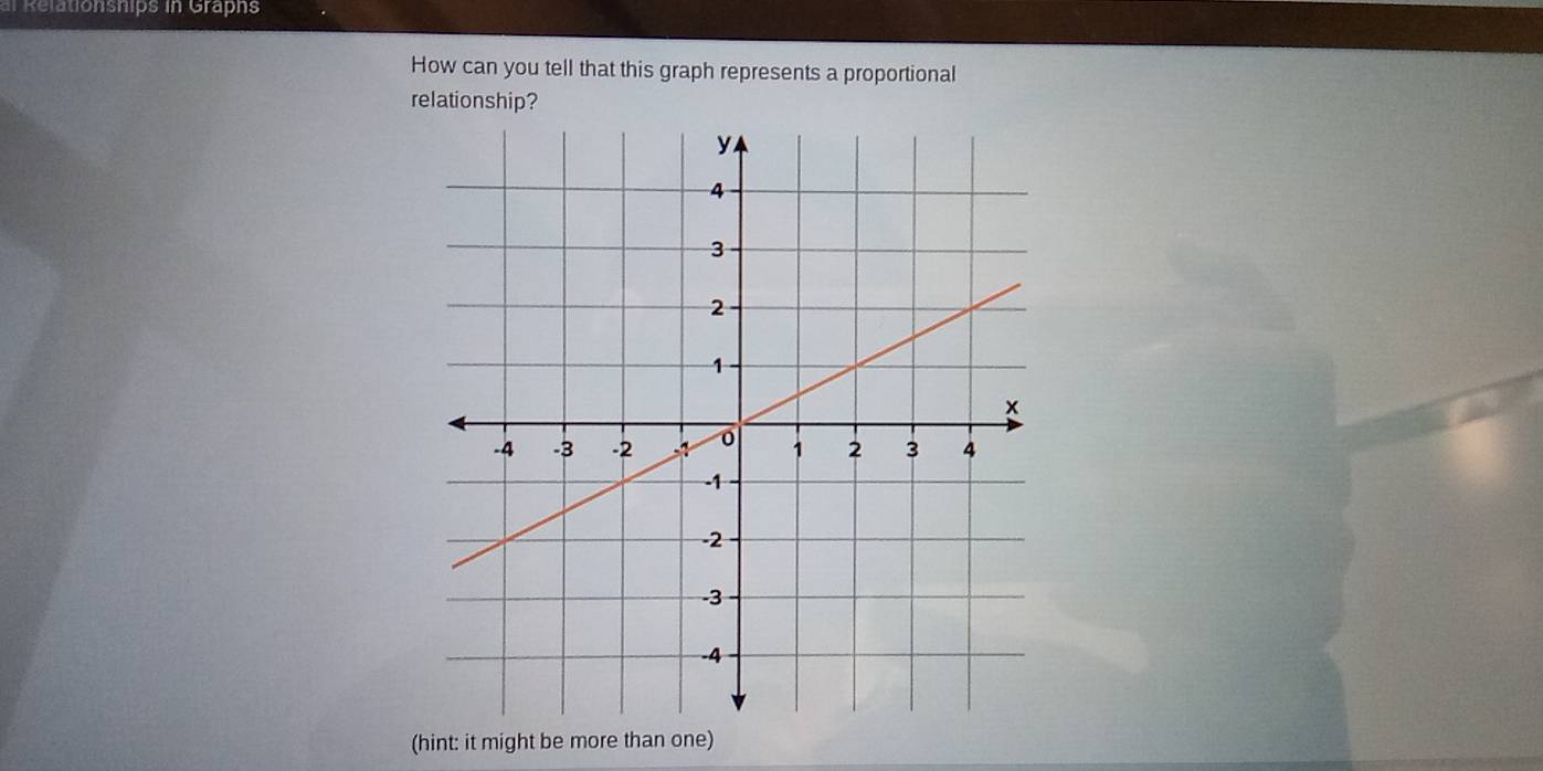 al Relationsnips in Graphs 
How can you tell that this graph represents a proportional 
relationship? 
(hint: it might be more than one)