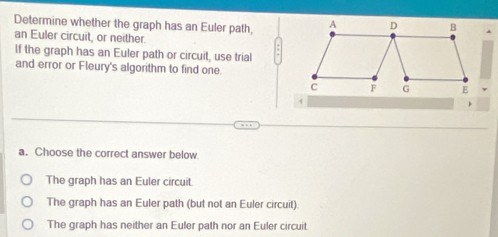 Determine whether the graph has an Euler path,
an Euler circuit, or neither.
If the graph has an Euler path or circuit, use trial
and error or Fleury's algorithm to find one.
a. Choose the correct answer below
The graph has an Euler circuit
The graph has an Euler path (but not an Euler circuit).
The graph has neither an Euler path nor an Euler circuit.