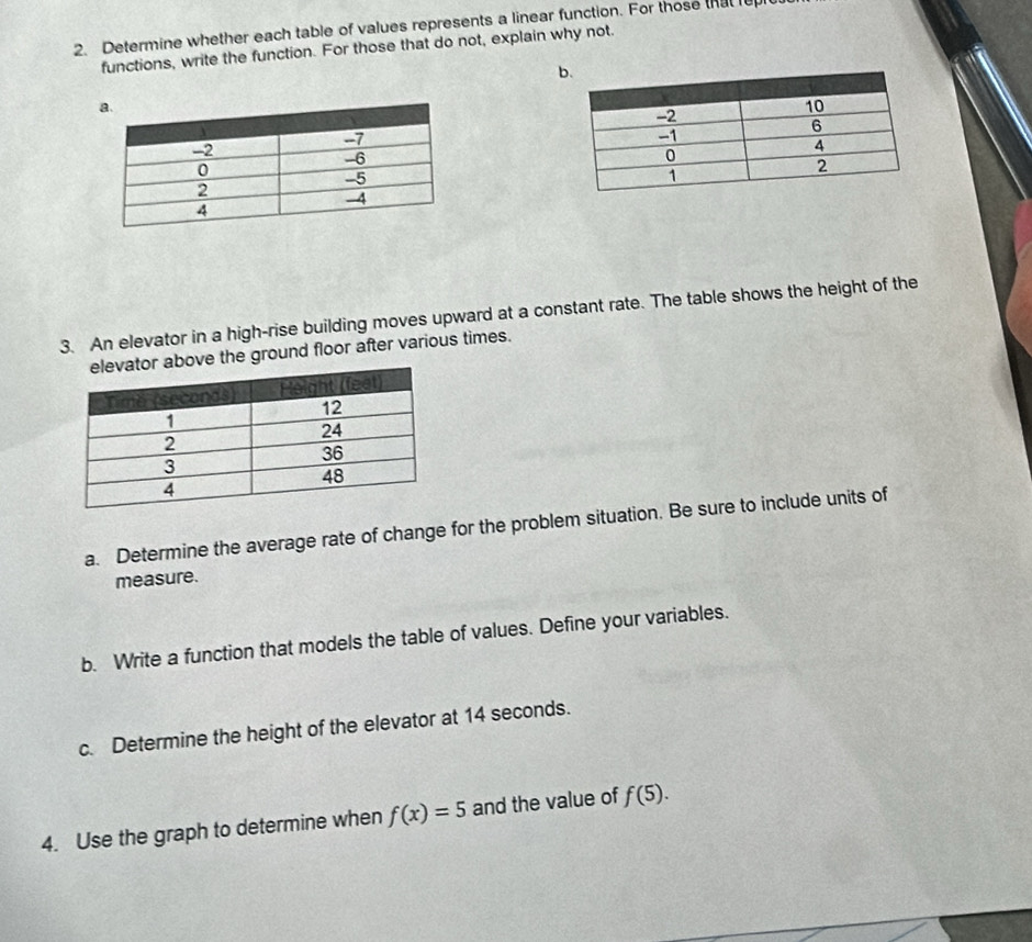 Determine whether each table of values represents a linear function. For those thatrep 
functions, write the function. For those that do not, explain why not. 
3. An elevator in a high-rise building moves upward at a constant rate. The table shows the height of the 
ve the ground floor after various times. 
a. Determine the average rate of change for the problem situation. Be sure to include units of 
measure. 
b. Write a function that models the table of values. Define your variables. 
c. Determine the height of the elevator at 14 seconds. 
4. Use the graph to determine when f(x)=5 and the value of f(5).