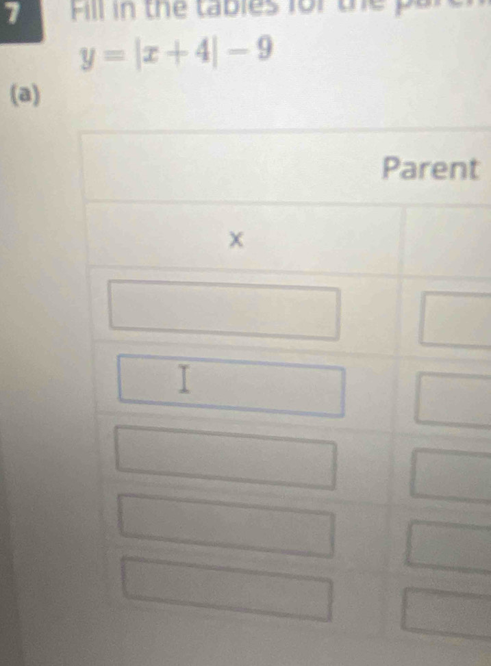 Fill in the tables for the
y=|x+4|-9
(a) 
t