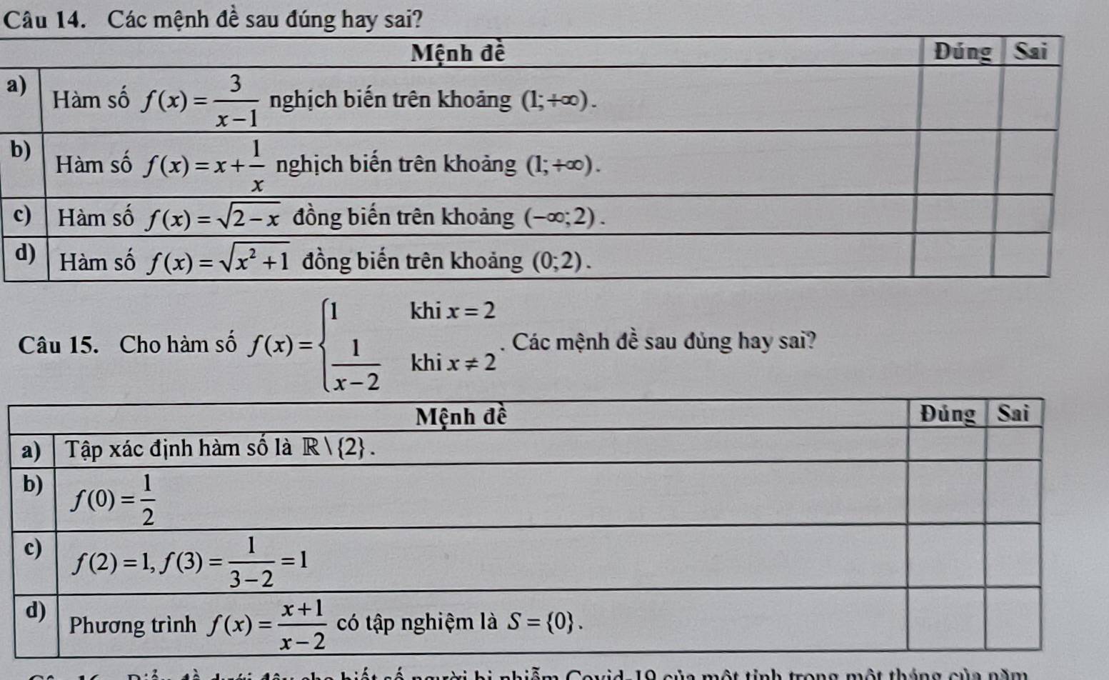 Các mệnh đề sau đúng hay sai?
a
b
Câu 15. Cho hàm số f(x)=beginarrayl 1khix=2  1/x-2 khix!= 2endarray.. Các mệnh đề sau đủng hay sai?
O của một tỉnh trong một tháng của năm