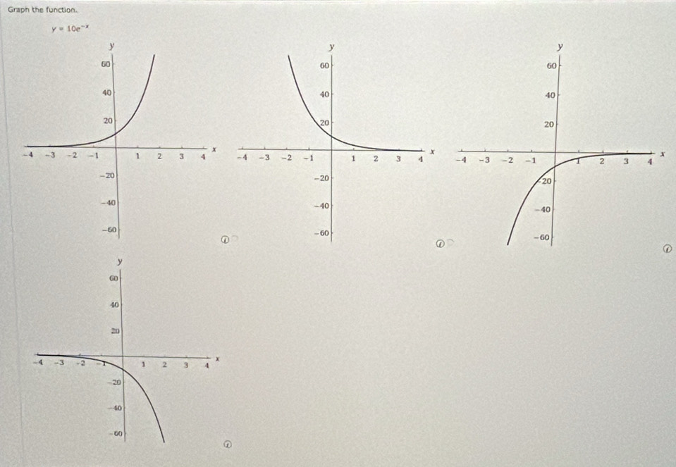 Graph the function.
y=10e^(-x)