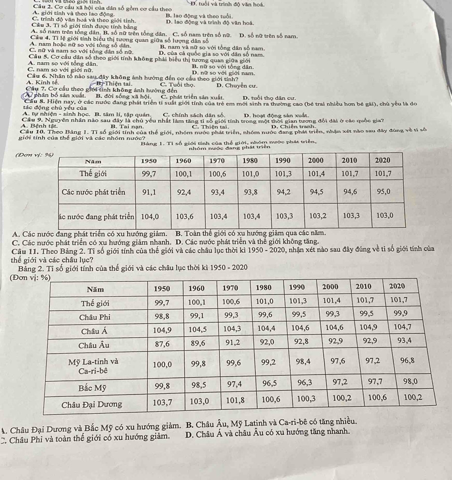D. tuổi và trình độ văn hoá.
Cầu 2. Cơ cấu xã hội của dân số gồm cơ cấu theo
A. giới tính và theo lao động.
C. trình độ văn hoá và theo giới tính. B. lao động và theo tuổi.
Câu 3. Tỉ số giới tính được tính bằng D. lao động và trình độ văn hoá.
A. số nam trên tổng dân. B. số nữ trên tổng dân. C. số nam trên số nữ. D. số nữ trên số nam.
Câu 4. Tỉ lệ giới tính biểu thị tương quan giữa số lượng dân số
A. nam hoặc nữ so với tổng số dân. B. nam và nữ so với tổng dân số nam.
C. nữ và nam so với tổng dân số nữ. D. của cả quốc gia so với dân số nam.
Câu 5. Cơ cầu dân số theo giới tính không phải biểu thị tương quan giữa giới
A. nam so với tổng dân. B. nữ so với tổng dân.
C. nam so với giới nữ. D. nữ so với giới nam.
Cầu 6. Nhân tổ nào sau đây không ảnh hưởng đến cơ cầu theo giới tính?
A. Kinh tế, B. Thiện tai. C. Tuổi thọ.
Cầu 7. Cơ cấu theo giới tính không ảnh hưởng đến D. Chuyển cư.
A phân bố sản xuất. B. đời sống xã hội. C. phát triển sản xuất. D. tuổi thọ dân cư.
Cầu 8. Hiện nay, ở các nước đang phát triển tỉ suất giới tính của trẻ em mới sinh ra thường cao (bé trai nhiều hơn bé gái), chủ yếu là do
tác động chủ yếu của
A. tự nhiện - sinh học. B. tâm lí, tập quán. C. chính sách dân số. D. hoạt động sản xuất.
Câu 9. Nguyên nhân nào sau đây là chủ yếu nhất làm tăng tỉ số giới tính trong một thời gian tương đối dài ở các quốc gia?
A. Bệnh tật. B. Tai nạn. C. Thiện tai. D. Chiến tranh.
Cầu 10. Theo Bảng 1. Tỉ số giới tính của thế giới, nhóm nước phát triển, nhóm nước đang phát triển, nhận xét nào sau đây đùng về tỉ số
giới tính của thế giới và các nhóm nước?
Bảng 1. Tỉ số giới tính của thế giới, nhóm nước phát triển,
ớc đang phát triển
(Đơn
A. Các nước đang phát triển có xu hướng giảm. B. Toàn
C. Các nước phát triển có xu hướng giảm nhanh. D. Các nước phát triển và thế giới không tăng.
Câu 11. Theo Bảng 2. Tỉ số giới tính của thế giới và các châu lục thời kì 1950 - 2020, nhận xét nào sau đây đúng về tỉ số giới tính của
thế giới và các châu lục?
Bảng 2. Tỉ số giới tính của thế giới và các châu lục thời kì 1950 - 2020
(Đ
A. Châu Đại Dương và Bắc Mỹ có xu hướng giảm. B. Châu :Âu, Mỹ Latinh và Ca-ri-bê có tăng nhiều.
C. Châu Phi và toàn thế giới có xu hướng giảm. D. Châu Á và châu Âu có xu hướng tăng nhanh.