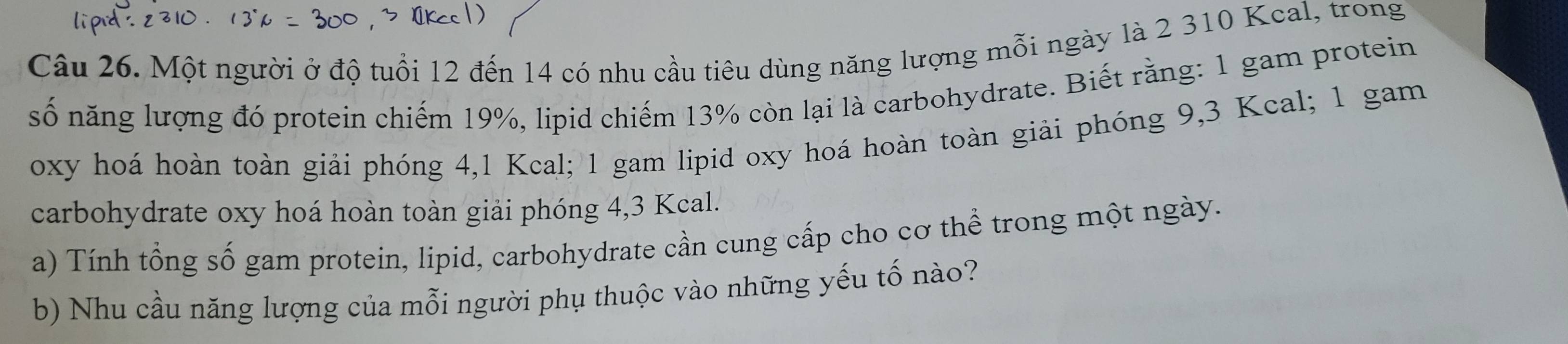 Một người ở độ tuổi 12 đến 14 có nhu cầu tiêu dùng năng lượng mỗi ngày là 2 310 Kcal, trong 
số năng lượng đó protein chiếm 19%, lipid chiếm 13% còn lại là carbohydrate. Biết rằng: 1 gam protein 
oxy hoá hoàn toàn giải phóng 4,1 Kcal; 1 gam lipid oxy hoá hoàn toàn giải phóng 9,3 Kcal; 1 gam 
carbohydrate oxy hoá hoàn toàn giải phóng 4, 3 Kcal. 
a) Tính tổng số gam protein, lipid, carbohydrate cần cung cấp cho cơ thể trong một ngày. 
b) Nhu cầu năng lượng của mỗi người phụ thuộc vào những yếu tố nào?