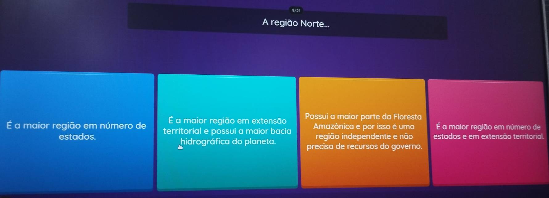 A região Norte...
É a maior região em extensão Possui a maior parte da Floresta
É a maior região em número de territorial e possui a maior bacia Amazônica e por isso é uma É a maior região em número de
estados. região independente e não estados e em extensão territorial.
hidrográfica do planeta. precisa de recursos do governo.