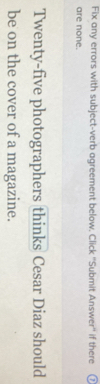 Fix any errors with subject-verb agreement below. Click ''Submit Answer'' if there 
are none. 
Twenty-five photographers thinks Cesar Diaz should 
be on the cover of a magazine.