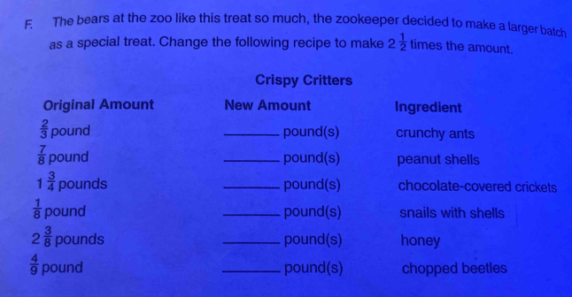 The bears at the zoo like this treat so much, the zookeeper decided to make a larger batch 
as a special treat. Change the following recipe to make 2 1/2  tirv es the amount. 
Crispy Critters 
Original Amount New Amount Ingredient
 2/3  pound _ pound (s) crunchy ants
 7/8  pound _ pound (s) peanut shells
1 3/4  pounds _ pound (s) chocolate-covered crickets
 1/8  pound _ pound (s) snails with shells
2 3/8  pounds _ pound (s) honey
 4/9  pound _ pound (s) chopped beetles