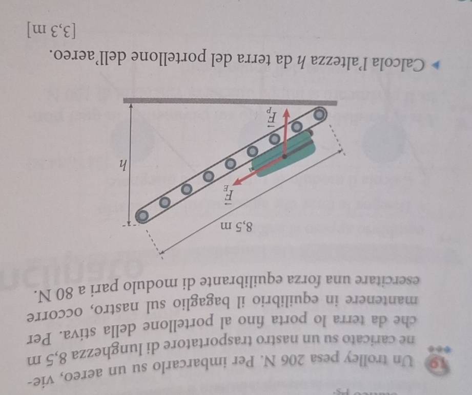 Un trolley pesa 206 N. Per imbarcarlo su un aereo, vie-
ne caricato su un nastro trasportatore di lunghezza 8,5 m
che da terra lo porta fino al portellone della stiva. Per
mantenere in equilibrio il bagaglio sul nastro, occorre
esercitare una forza equilibrante di modulo pari a 80 N.
Calcola l’altezza h da terra del portellone dell’aereo.
[3,3 m]