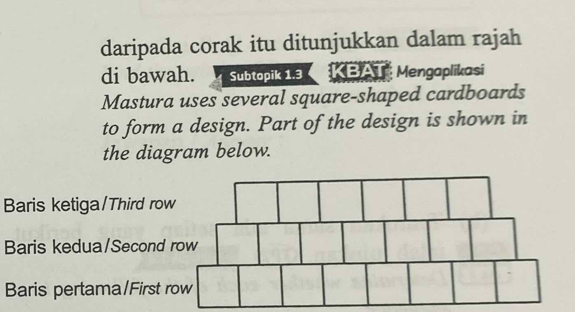 daripada corak itu ditunjukkan dalam rajah 
di bawah. Subtopik 1.3 KBAT Mengaplikasi 
Mastura uses several square-shaped cardboards 
to form a design. Part of the design is shown in 
the diagram below. 
Baris ketiga/Third ro 
Baris kedua/Second 
Baris pertama/First