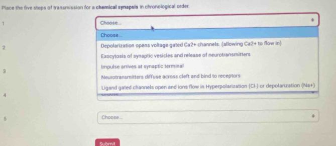 Place the five steps of transmission for a chemical synapsis in chronological order.
1
Choose...
Choose
2 Depolarization opens voltage gated Ca2 + channels. (allowing Ca2+ to flow in)
Exocytosis of synaptic vesicles and release of neurotransmitters
Impulse arrives at synaptic terminal
3
Neurotransmitters diffuse across cleft and bind to receptors
Ligand gated channels open and ions flow in Hyperpolarization (Cl-) or depolarization (Na+)
4
5 Choose...
Submit