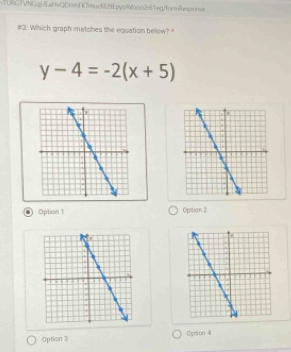 inTURG |VNGQJEaHvQDméJ KlmucKU.pysooo251eg/forspionse
#3: Which graph matches the equation below? "
y-4=-2(x+5)
Option 1 Opition 2
Option 3 Opson 4