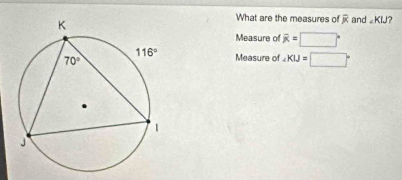 What are the measures of overline JK
and ∠ KIJ ?
Measure of widehat JK=□°
Measure of ∠ KIJ=□°