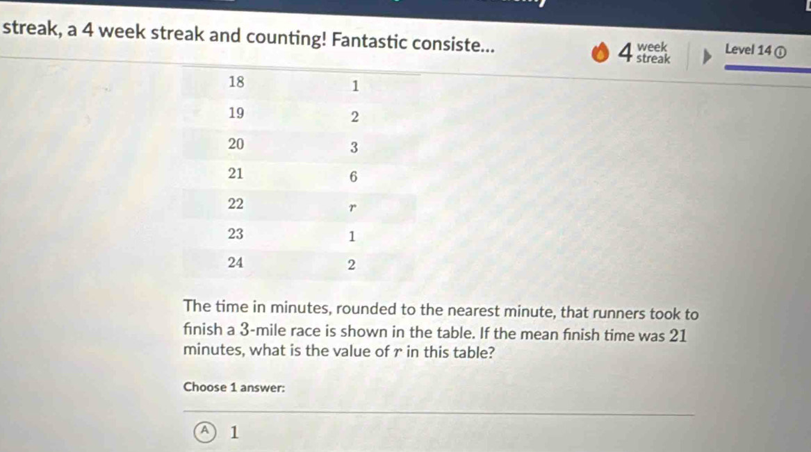 streak, a 4 week streak and counting! Fantastic consiste... 4 week Level 14
streak
The time in minutes, rounded to the nearest minute, that runners took to
finish a 3-mile race is shown in the table. If the mean finish time was 21
minutes, what is the value of r in this table?
Choose 1 answer:
1