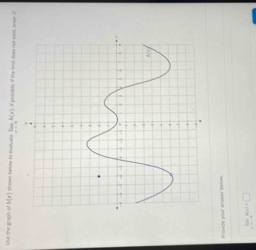 Use the graph of h(x) shown below to evaluate limlimits _xto -6h(x) , if possible. If the limit does not exist, enter Ø
Provide your answer below:
limlimits _xto -6h(x)=□