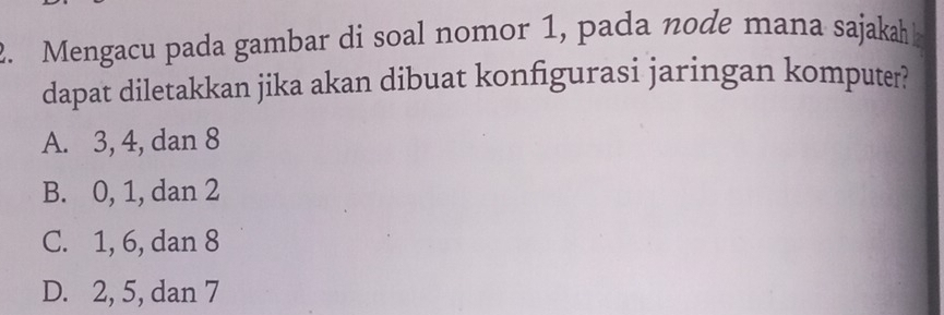 Mengacu pada gambar di soal nomor 1, pada node mana sajakah 
dapat diletakkan jika akan dibuat konfigurasi jaringan komputer?
A. 3, 4, dan 8
B. 0, 1, dan 2
C. 1, 6, dan 8
D. 2, 5, dan 7