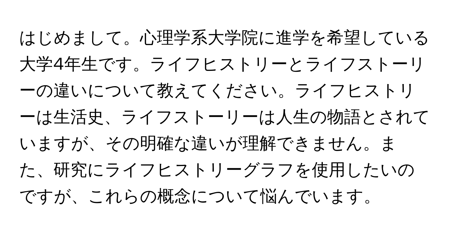 はじめまして。心理学系大学院に進学を希望している大学4年生です。ライフヒストリーとライフストーリーの違いについて教えてください。ライフヒストリーは生活史、ライフストーリーは人生の物語とされていますが、その明確な違いが理解できません。また、研究にライフヒストリーグラフを使用したいのですが、これらの概念について悩んでいます。