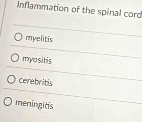 Inflammation of the spinal cord
myelitis
myositis
cerebritis
meningitis