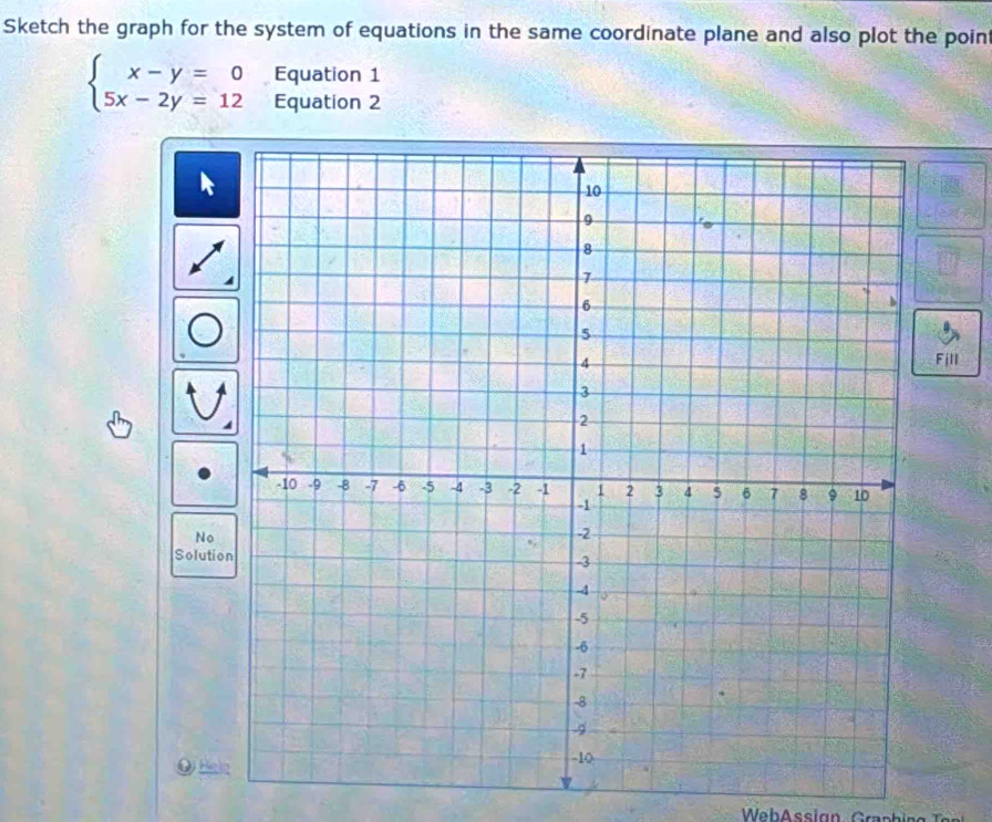 Sketch the graph for the system of equations in the same coordinate plane and also plot the poin 
Equation 1
beginarrayl x-y=0 5x-2y=12endarray. Equation 2 
Fill 
No 
Solutio 
O Hei