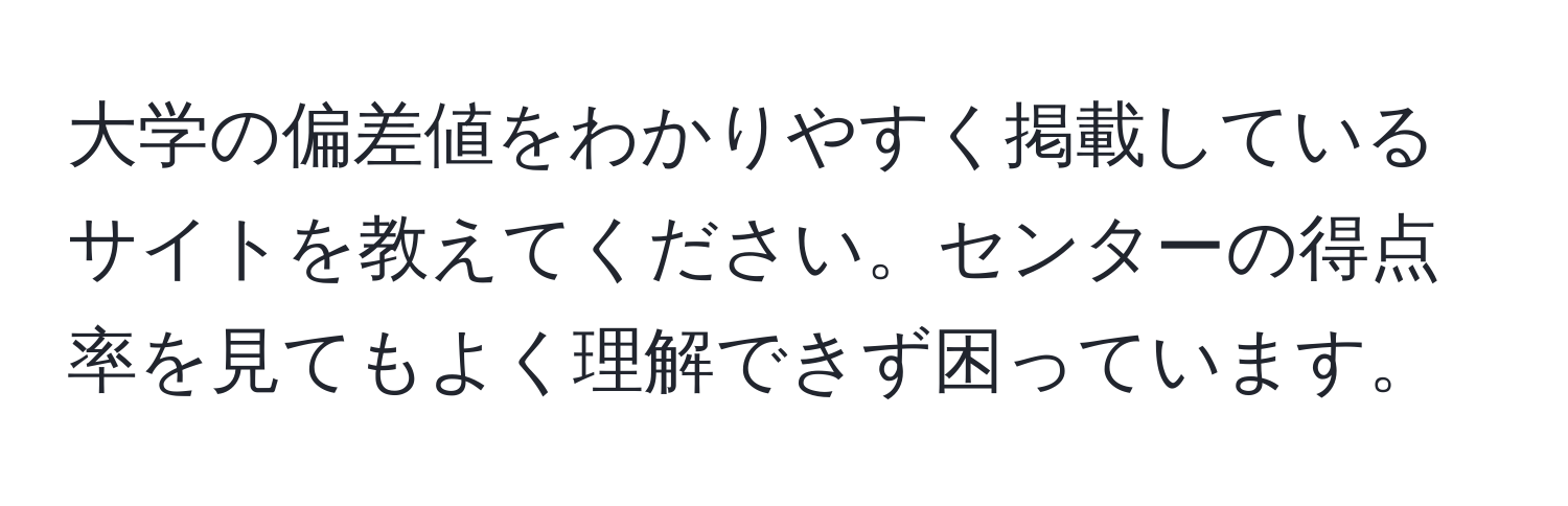 大学の偏差値をわかりやすく掲載しているサイトを教えてください。センターの得点率を見てもよく理解できず困っています。