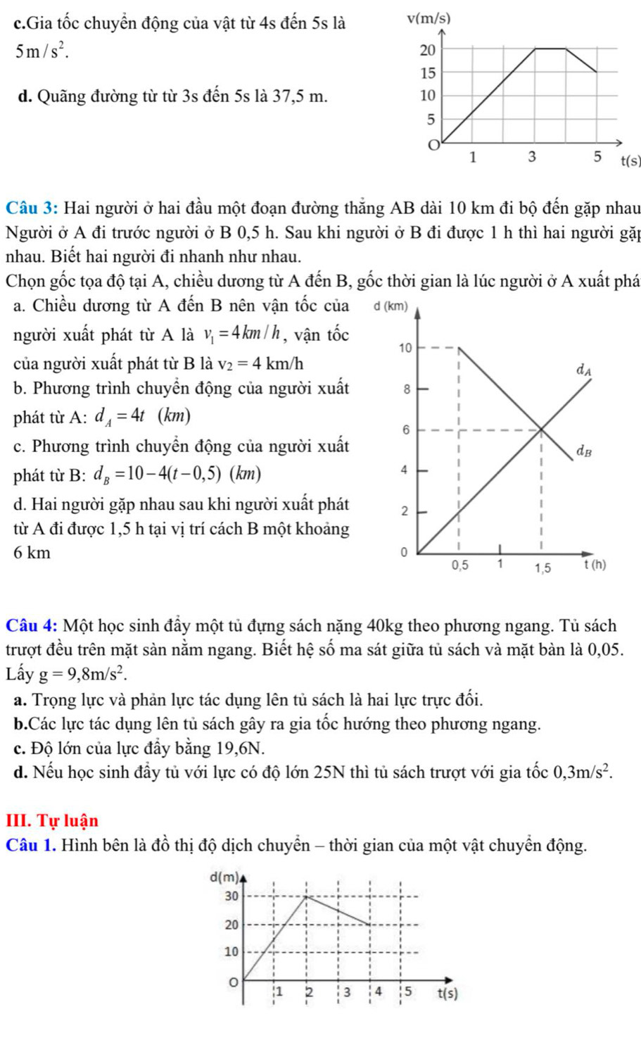 c.Gia tốc chuyển động của vật từ 4s đến 5s là
5m/s^2.
d. Quãng đường từ từ 3s đến 5s là 37,5 m.
t(s)
Câu 3: Hai người ở hai đầu một đoạn đường thắng AB dài 10 km đi bộ đến gặp nhau
Người ở A đi trước người ở B 0,5 h. Sau khi người ở B đi được 1 h thì hai người gặp
nhau. Biết hai người đi nhanh như nhau.
Chọn gốc tọa độ tại A, chiều dương từ A đến B, gốc thời gian là lúc người ở A xuất phá
a. Chiều dương từ A đến B nên vận tốc của 
người xuất phát từ A là v_1=4km/h , vận tốc 
của người xuất phát từ B là v_2=4km/h
b. Phương trình chuyển động của người xuất 
phát từ A: d_A=4t (km)
c. Phương trình chuyển động của người xuất
phát từ B: d_B=10-4(t-0,5)(km)
d. Hai người gặp nhau sau khi người xuất phát 
từ A đi được 1,5 h tại vị trí cách B một khoảng
6 km 
Câu 4: Một học sinh đầy một tủ đựng sách nặng 40kg theo phương ngang. Tủ sách
trượt đều trên mặt sàn nằm ngang. Biết hệ số ma sát giữa tủ sách và mặt bàn là 0,05.
Lấy g=9,8m/s^2.
a. Trọng lực và phản lực tác dụng lên tủ sách là hai lực trực đối.
b.Các lực tác dụng lên tủ sách gây ra gia tốc hướng theo phương ngang.
c. Độ lớn của lực đầy bằng 19,6N.
d. Nếu học sinh đầy tủ với lực có độ lớn 25N thì tủ sách trượt với gia tốc 0,3m/s^2.
III. Tự luận
Câu 1. Hình bên là đồ thị độ dịch chuyển - thời gian của một vật chuyển động.