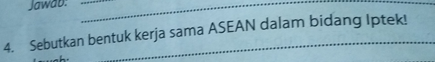 Jawab:__ 
_ 
4. Sebutkan bentuk kerja sama ASEAN dalam bidang Iptek!