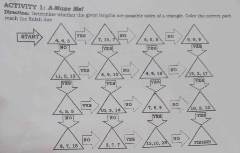 ACTIVITY 1: A-Maze Me! 
Direction: Determine whether the given lengths are possible sides of a triangle. Color the correct path 
r
8, 7, 15