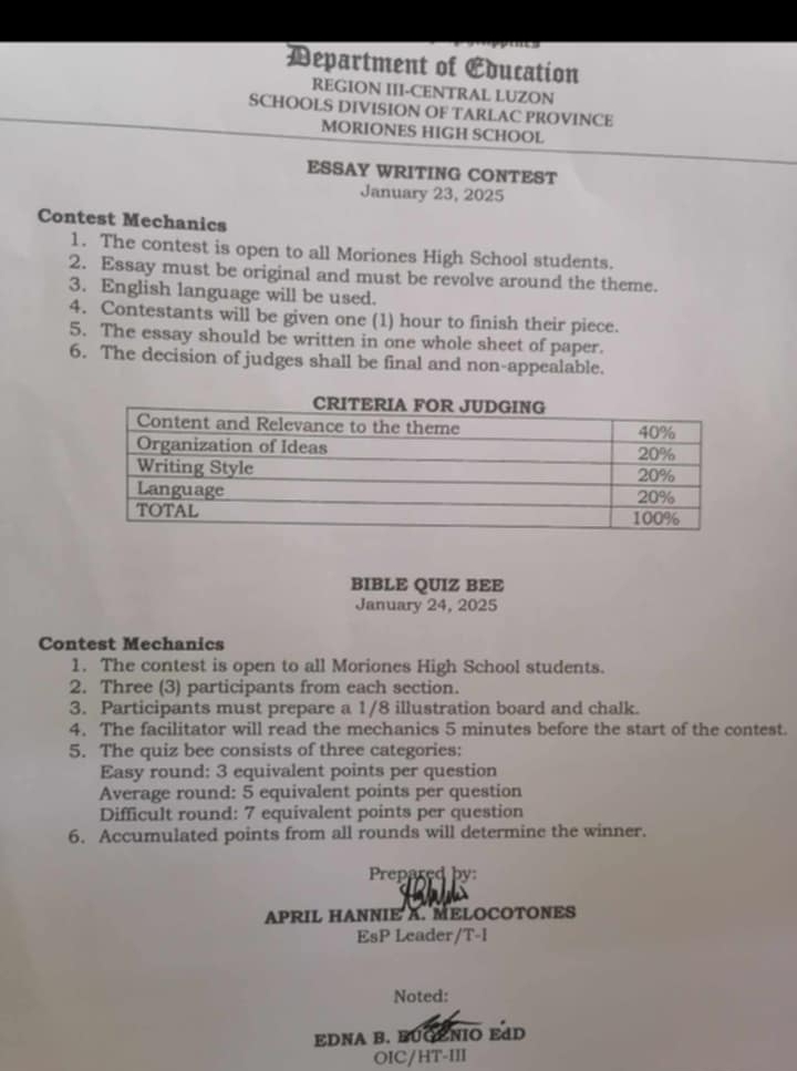 Department of Education 
REGION III-CENTRAL LUZON 
SCHOOLS DIVISION OF TARLAC PROVINCE 
MORIONES HIGH SCHOOL 
ESSAY WRITING CONTEST 
January 23, 2025 
Contest Mechanics 
1. The contest is open to all Moriones High School students. 
2. Essay must be original and must be revolve around the theme. 
3. English language will be used. 
4. Contestants will be given one (1) hour to finish their piece. 
5. The essay should be written in one whole sheet of paper. 
6. The decision of judges shall be final and non-appealable. 
BIBLE QUIZ BEE 
January 24, 2025 
Contest Mechanics 
1. The contest is open to all Moriones High School students. 
2. Three (3) participants from each section. 
3. Participants must prepare a 1/8 illustration board and chalk. 
4. The facilitator will read the mechanics 5 minutes before the start of the contest. 
5. The quiz bee consists of three categories: 
Easy round: 3 equivalent points per question 
Average round: 5 equivalent points per question 
Difficult round: 7 equivalent points per question 
6. Accumulated points from all rounds will determine the winner. 
Prepared by: 
APRIL HANNIE A. MELOCOTONES 
EsP Leader/T-I 
Noted: 
EDNA B. BUGÊNIO EAD 
OIC/HT-III