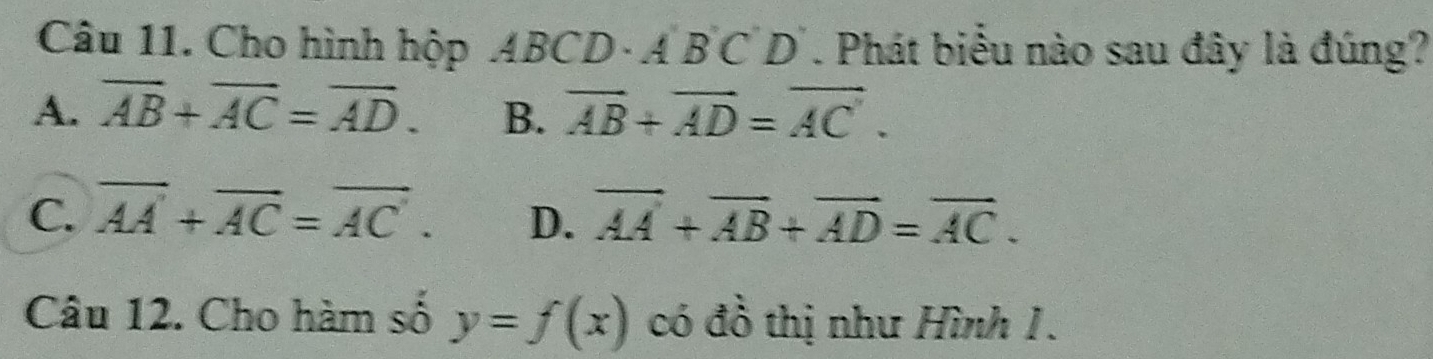 Cho hình hộp AB L D · A B'C D' . Phát biểu nào sau đây là đúng?
A. overline AB+overline AC=overline AD. B. vector AB+vector AD=vector AC.
C. overline AA+overline AC=overline AC. D. overline AA+overline AB+overline AD=overline AC. 
Câu 12. Cho hàm số y=f(x) có đồ thị như Hình 1.