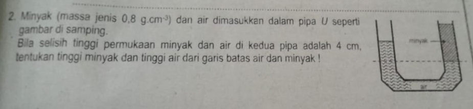 Minyak (massa jenis 0.8g.cm^(-3)) dan air dimasukkan dalam pipa U seperti 
gambar di samping. 
Bila selisih tinggi permukaan minyak dan air di kedua pipa adalah 4 cm, 
tentukan tinggi minyak dan tinggi air dari garis batas air dan minyak !