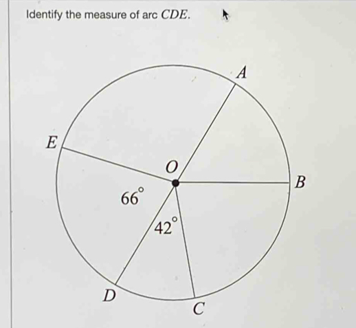 Identify the measure of arc CDE.