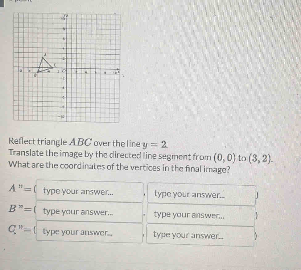 Reflect triangle ABC over the line y=2. 
Translate the image by the directed line segment from (0,0) to (3,2). 
What are the coordinates of the vertices in the fnal image?
A''= type your answer... . type your answer... )
B''= type your answer... type your answer... )
C''=  type your answer... type your answer... )