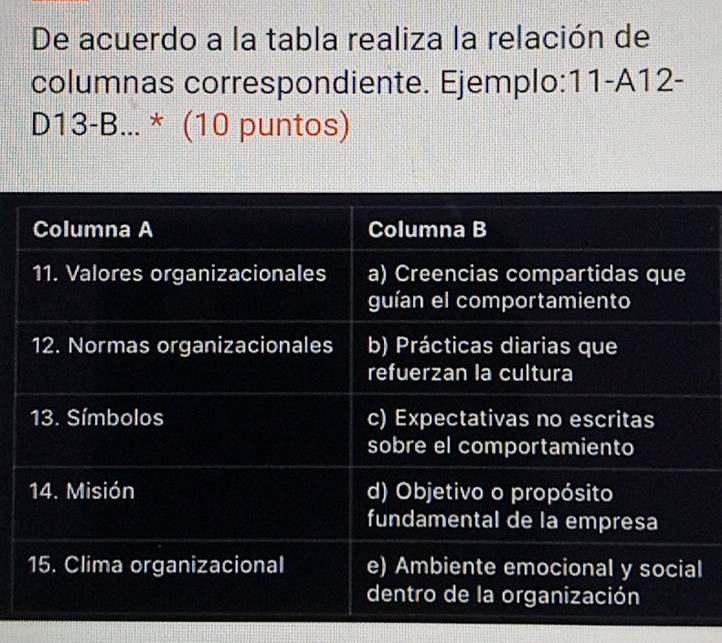 De acuerdo a la tabla realiza la relación de 
columnas correspondiente. Ejemplo: 11-A12-
D13-B...*(10 puntos) 
l