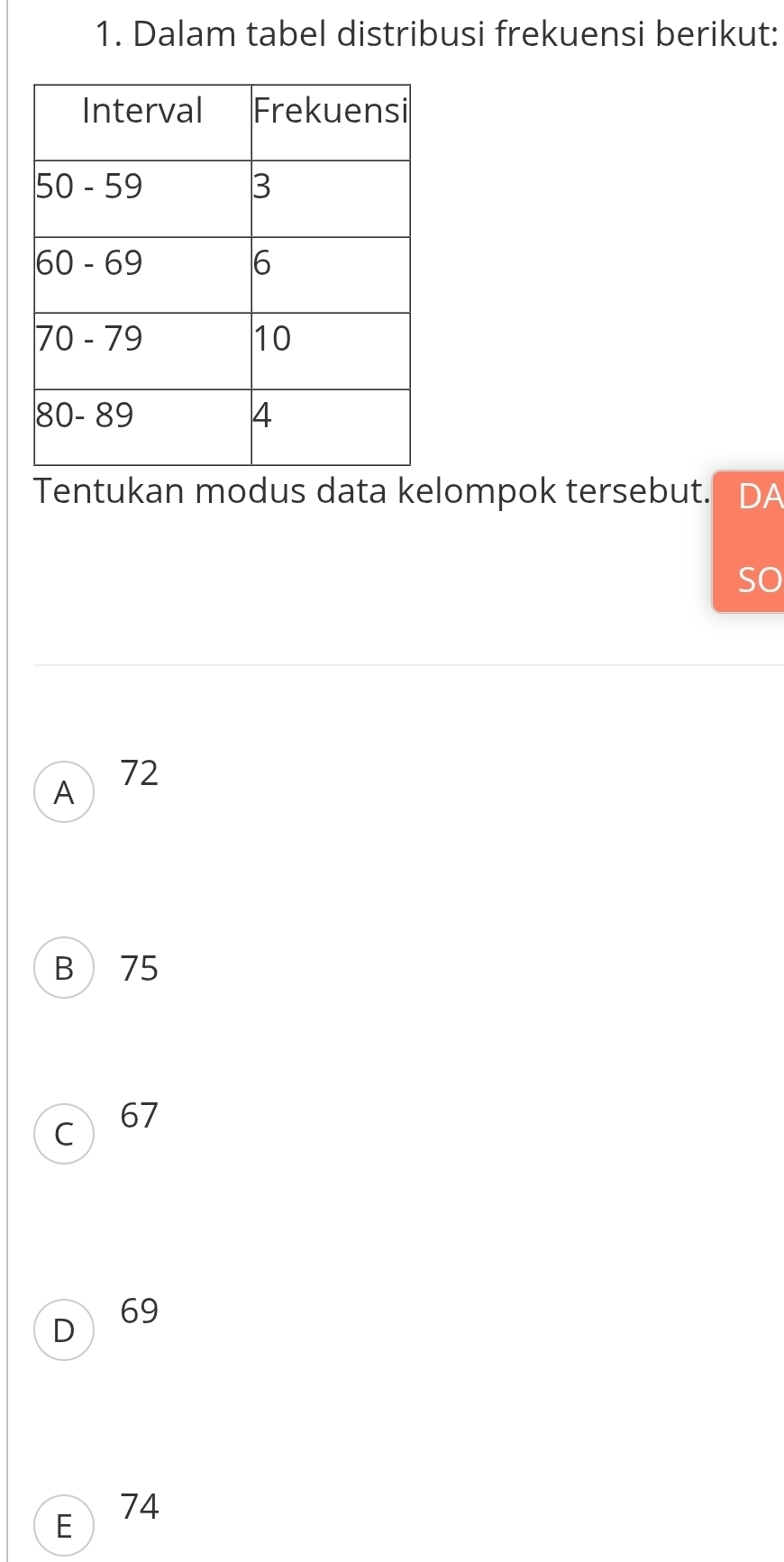 Dalam tabel distribusi frekuensi berikut:
Tentukan modus data kelompok tersebut. DA
so
A 72
B 75
C) 67
D
69
E 74