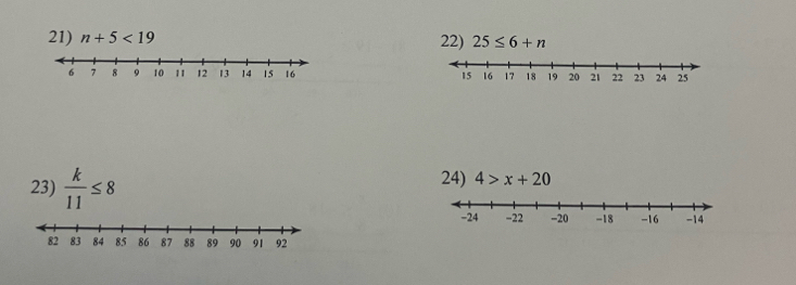 n+5<19</tex> 22) 25≤ 6+n

23)  k/11 ≤ 8 24) 4>x+20