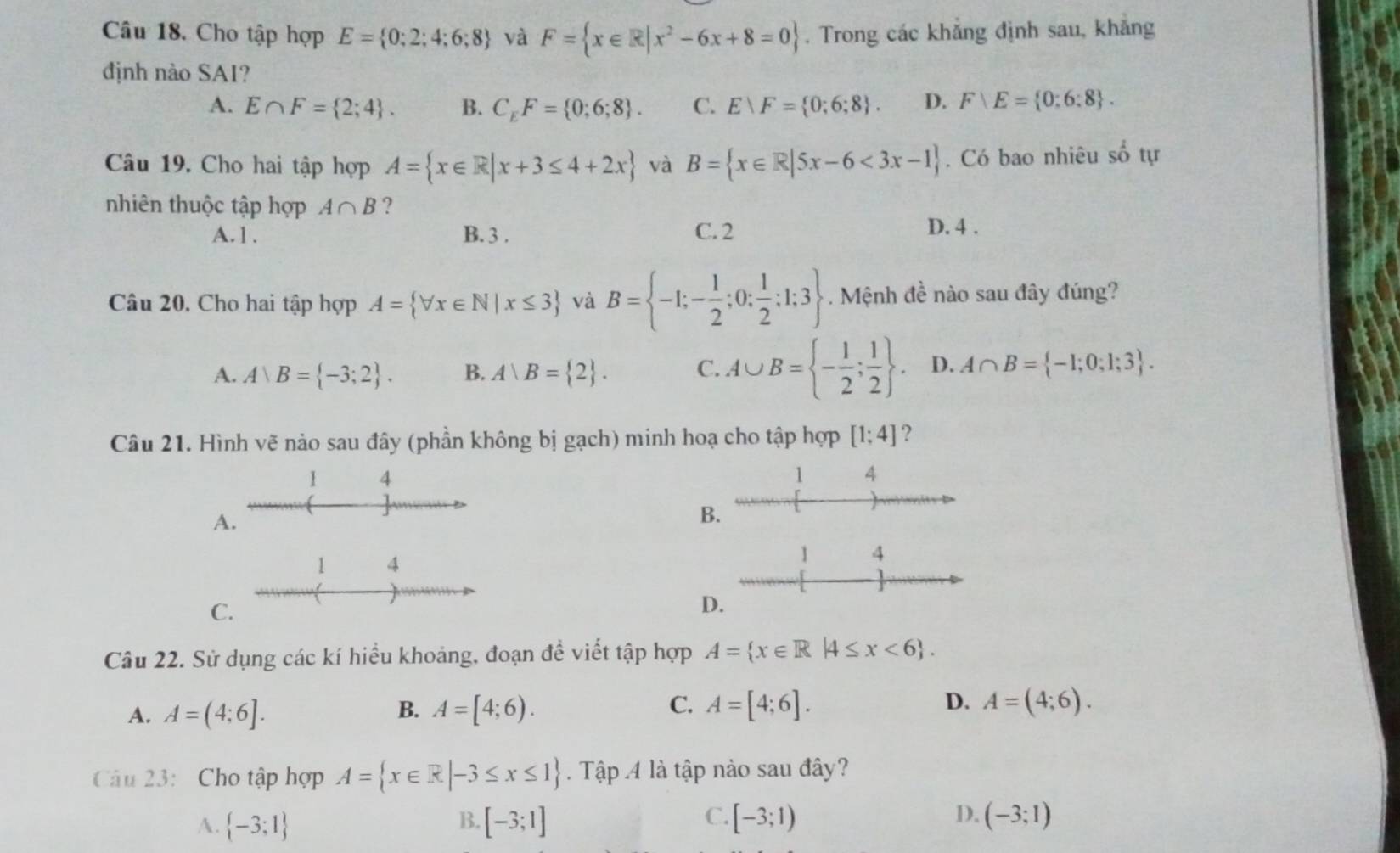 Cho tập hợp E= 0;2;4;6;8 và F= x∈ R|x^2-6x+8=0. Trong các khẳng định sau, khẳng
định nào SAI?
A. E∩ F= 2;4 . B. C_EF= 0;6;8 . C. E∪ F= 0;6;8 . D. F∪ E= 0:6:8 .
Câu 19. Cho hai tập hợp A= x∈ R|x+3≤ 4+2x và B= x∈ R|5x-6<3x-1. Có bao nhiêu số tự
nhiên thuộc tập hợp A∩ B ?
A. 1 . B. 3 . C. 2 D. 4 .
Câu 20. Cho hai tập hợp A= forall x∈ N|x≤ 3 và B= -1;- 1/2 ;0; 1/2 ;1;3. Mệnh đề nào sau đây đúng?
A. A B= -3;2 . B. A|B= 2 . C. A∪ B= - 1/2 ; 1/2  . D. A∩ B= -1;0;1;3 .
Câu 21. Hình vẽ nảo sau đây (phần không bị gạch) minh hoạ cho tập hợp [1;4] ?
1 4
1 4
A.
B.
1 4
4
C.
D.
Câu 22. Sử dụng các kí hiểu khoảng, đoạn đề viết tập hợp A= x∈ R|4≤ x<6 .
A. A=(4;6]. B. A=[4;6). C. A=[4;6]. D. A=(4;6).
Cu 23:  Cho tập hợp A= x∈ R|-3≤ x≤ 1. Tập 4 là tập nào sau đây?
C.
D.
A.  -3;1 B. [-3;1] [-3;1) (-3;1)