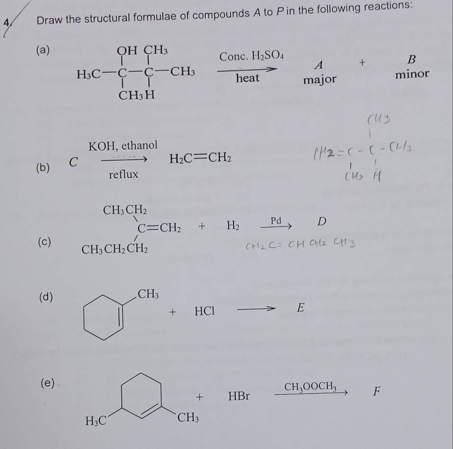 Draw the structural formulae of compounds A to P in the following reactions:
(a)
^circ  B
A^+ minor
major
□ 
(b) C^(KOH,ethanol)_refluxH_2C=CH_2
(c) CH:CH;CH=ChH +     
2
(d)
E
(e)
HBr CH_3OOCH_3 F