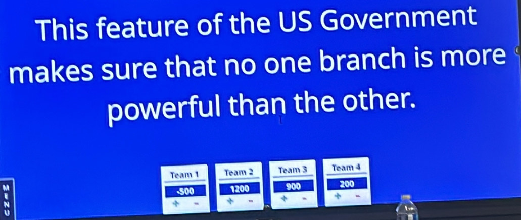 This feature of the US Government 
makes sure that no one branch is more 
powerful than the other. 
Team 1 Team 2 Team 3 Team 4
-500 1200 900 200
* +