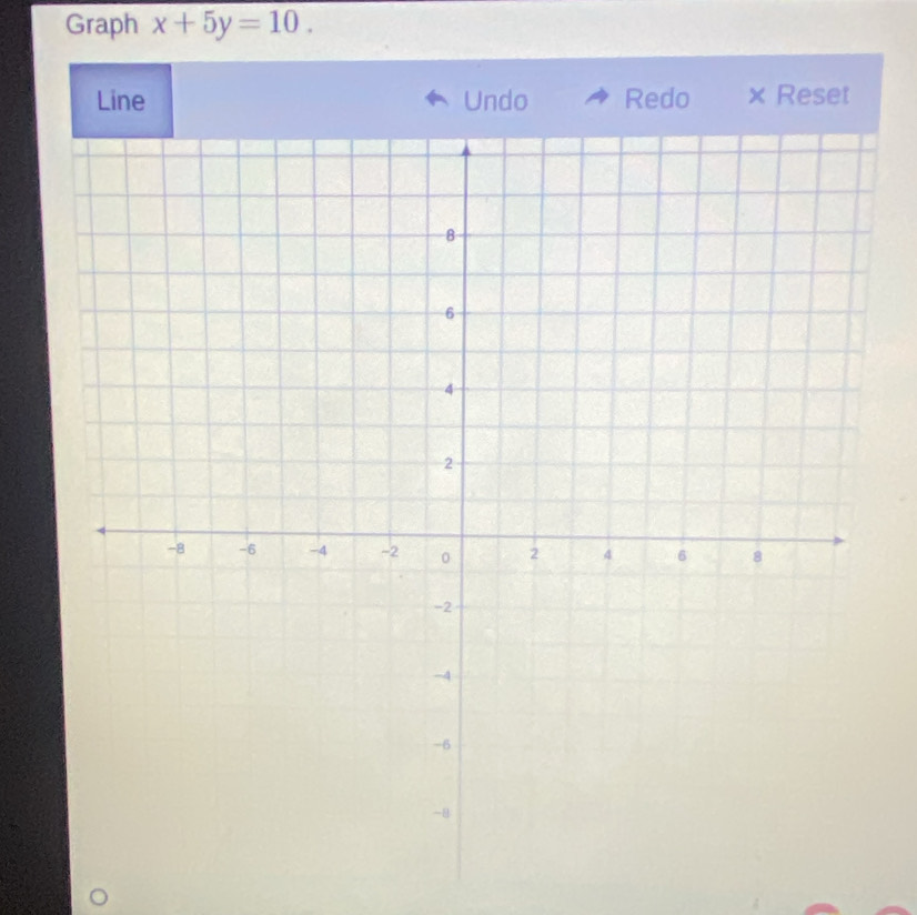 Graph x+5y=10. 
Line Undo Redo × Reset