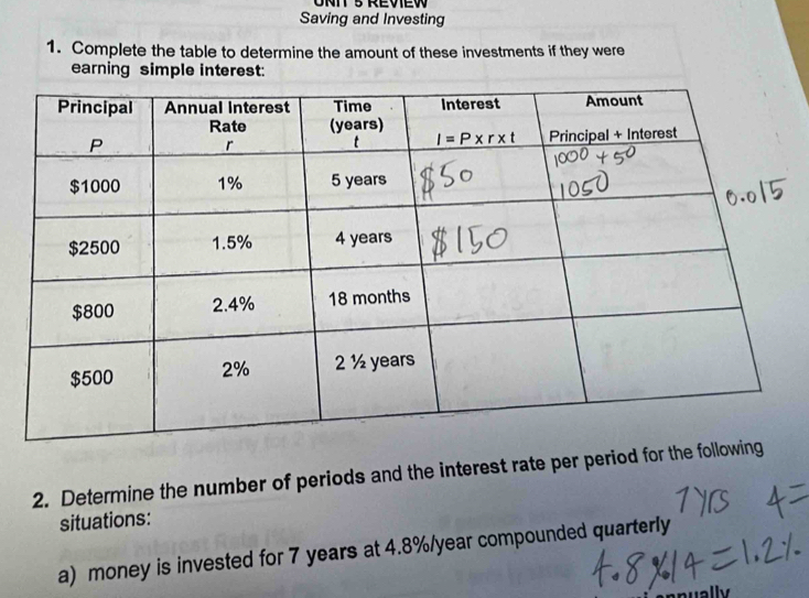 UNI5 REVEW
Saving and Investing
1. Complete the table to determine the amount of these investments if they were
earning simple interest:
2. Determine the number of periods and the interest rate per period for the f
situations:
a) money is invested for 7 years at 4.8%/year compounded quarterly
ally