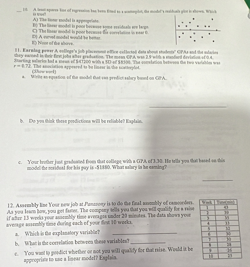A least squares line of regression has been fitted to a scatterplot; the model’s residuals plot is shown. Which
is true?
A) The linear model is appropriate.
B) The lincar model is poor because some residuals are large.
C) The linear model is poor because the correlation is near 0.
D) A curved model would be better.
E) None of the above.
11、Earning power A college’s job placement office collected data about students’ GPAs and the salaries
they earned in their first jobs after graduation. The mean GPA was 2.9 with a standard deviation of 0.4.
Starting salaries had a mean of $47200 with a SD of $8500. The correlation between the two variables was
r=0.72. The association appeared to be linear in the scatterplot.
(Show work)
a. Write an equation of the model that can predict salary based on GPA.
_
b. Do you think these predictions will be reliable? Explain.
c. Your brother just graduated from that college with a GPA of 3.30. He tells you that based on this
model the residual for his pay is -$1880. What salary is he eaming?
_
12. Assembly line Your new job at Panasony is to do the final assembly of camcorders.
As you learn how, you get faster. The company tells you that you will qualify for a raise
if after 13 weeks your assembly time averages under 20 minutes. The data shows your
average assembly time during each of your first 10 weeks. 
a. Which is the explanatory variable?_
b. What is the correlation between these variables?_
c. You want to predict whether or not you will qualify for that raise. Would it be
appropriate to use a linear model? Explain.