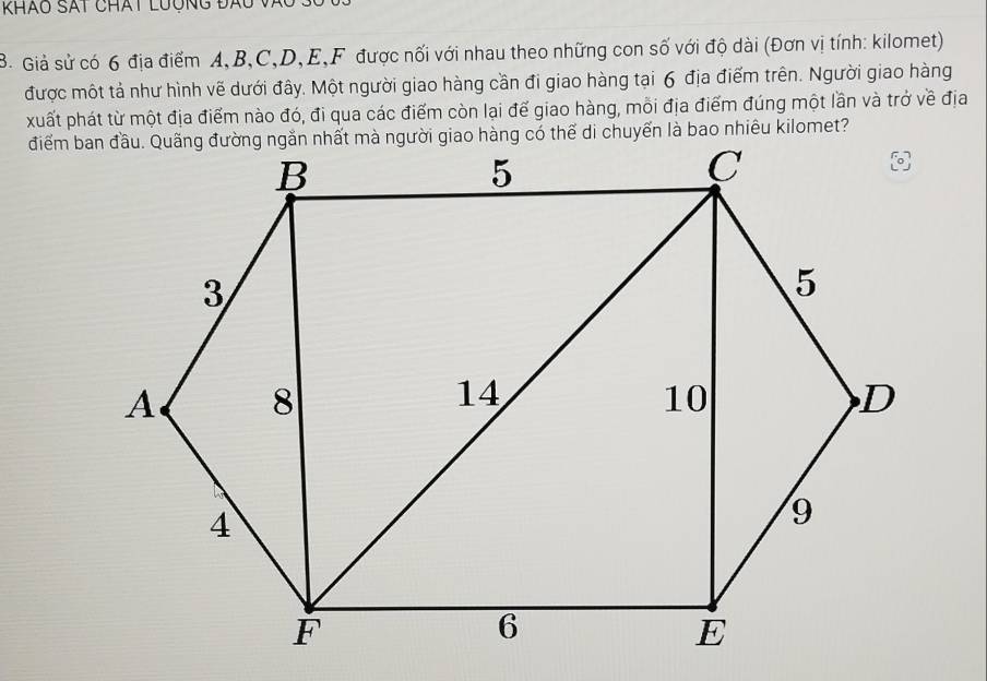 khảo Sát chát lương đàu và 
B. Giả sử có 6 địa điểm A, B, C, D, E,F được nối với nhau theo những con số với độ dài (Đơn vị tính: kilomet) 
được một tả như hình vẽ dưới đây. Một người giao hàng cần đi giao hàng tại 6 địa điểm trên. Người giao hàng 
xuất phát từ một địa điểm nào đó, đi qua các điểm còn lại để giao hàng, mỗi địa điểm đúng một lần và trở về địa