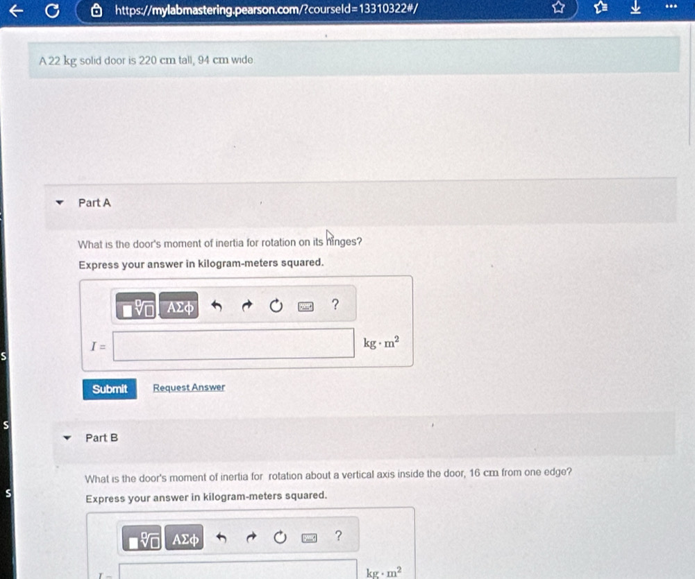 Solved: d=13310322^(#) .. A 22 kg solid door is 220 cm tall, 94 cm wide ...