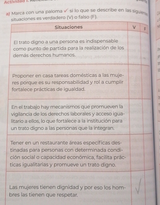 Marca con una paloma √ si lo que se describe en las siguiente a
.
e respetar.