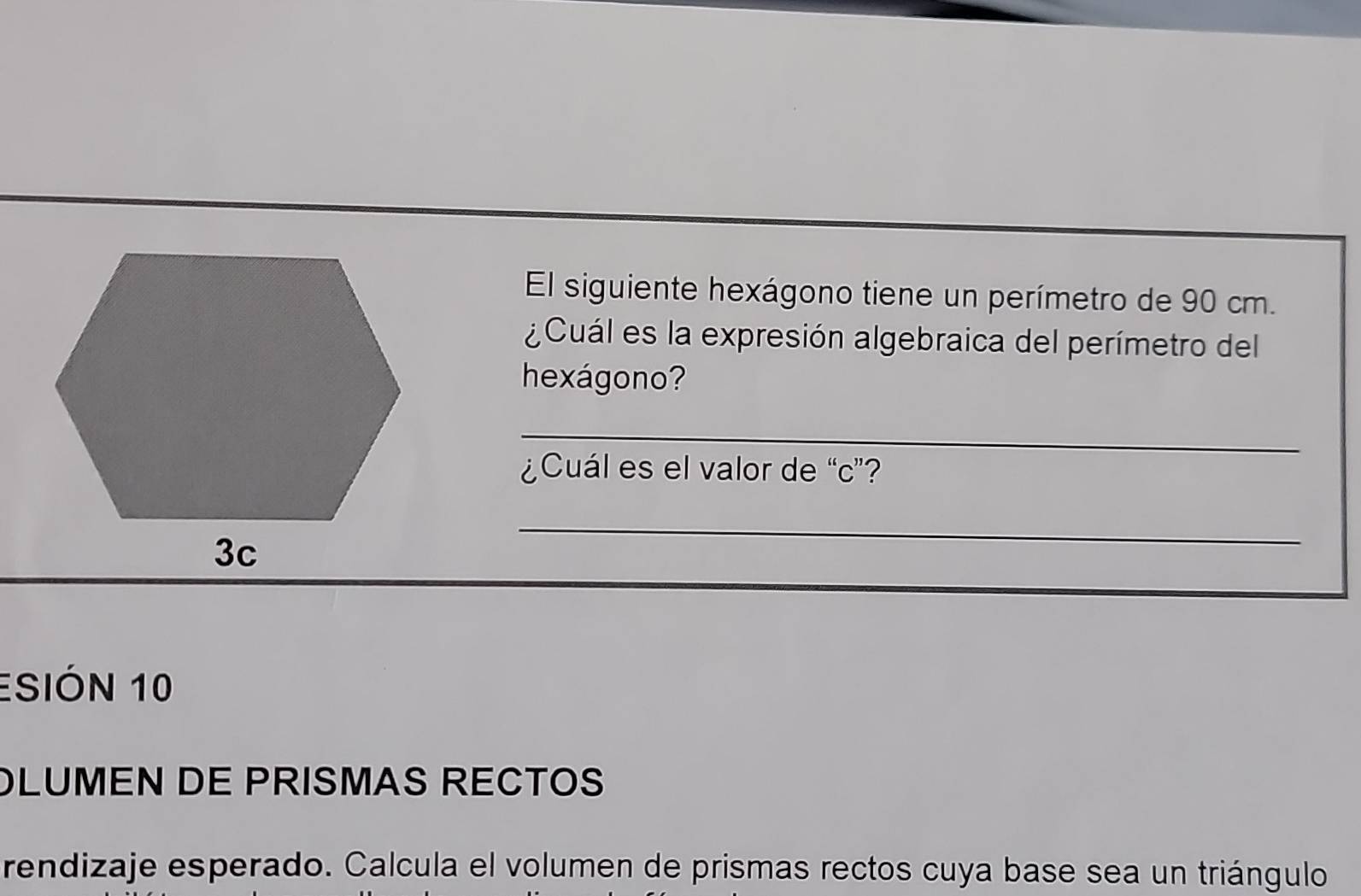 El siguiente hexágono tiene un perímetro de 90 cm. 
¿Cuál es la expresión algebraica del perímetro del 
hexágono? 
_ 
¿Cuál es el valor de “ c ”? 
_ 
ESIÓN 10 
OLUMEN DE PRISMAS RECTOS 
rendizaje esperado. Calcula el volumen de prismas rectos cuya base sea un triángulo