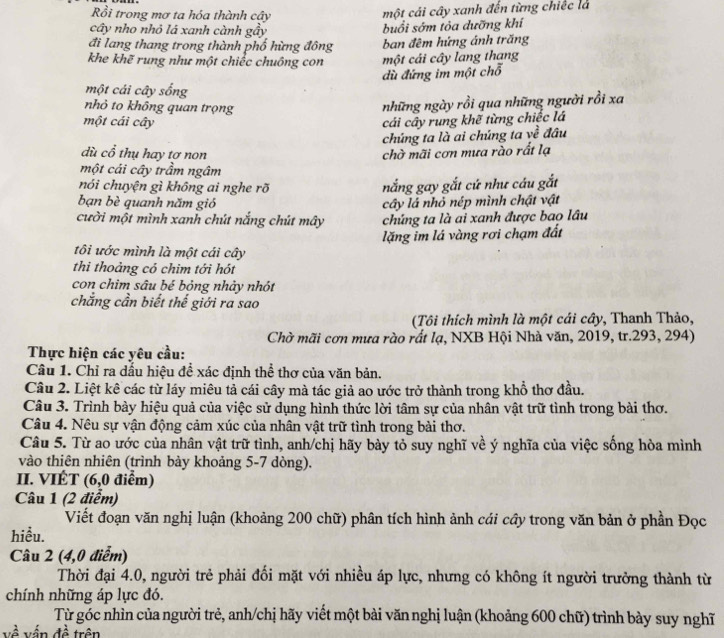Rồi trong mơ ta hóa thành cây
một cái cây xanh đến từng chiếc là
cây nho nhỏ lá xanh cành gầy buổi sớm tỏa dưỡng khí
đi lang thang trong thành phố hừng đông ban đêm hứng ánh trăng
khe khẽ rung như một chiếc chuông con một cái cây lang thang
dù đứng im một chỗ
một cái cây sống
nhỏ to không quan trọng
những ngày rồi qua những người rồi xa
một cái cây
cái cây rung khẽ từng chiếc lá
chúng ta là ai chúng ta về đầu
dù cổ thụ hay tơ non chờ mãi cơn mưa rào rất lạ
một cái cây trầm ngâm
nói chuyện gì không ai nghe rõ nắng gay gắt cứ như cáu gắt
bạn bè quanh năm gió cây lá nhỏ nép mình chật vật
cười một mình xanh chút nắng chút mây chủng ta là ai xanh được bao lâu
lặng im lá vàng rơi chạm đất
tôi ước mình là một cái cây
thi thoảng có chim tới hót
con chim sâu bé bóng nhảy nhót
chẳng cần biết thế giới ra sao
(Tôi thích mình là một cái cây, Thanh Thảo,
Chờ mãi cơn mưa rào rất lạ, NXB Hội Nhà văn, 2019, tr.293, 294)
Thực hiện các yêu cầu:
Câu 1. Chỉ ra dầu hiệu để xác định thể thơ của văn bản.
Câu 2. Liệt kê các từ láy miêu tả cái cây mà tác giả ao ước trở thành trong khổ thơ đầu.
Câu 3. Trình bày hiệu quả của việc sử dụng hình thức lời tâm sự của nhân vật trữ tình trong bài thơ.
Câu 4. Nêu sự vận động cảm xúc của nhân vật trữ tình trong bài thơ.
Câu 5. Từ ao ước của nhân vật trữ tình, anh/chị hãy bày tỏ suy nghĩ về ý nghĩa của việc sống hòa mình
vào thiên nhiên (trình bày khoảng 5-7 dòng).
II. VIÉT (6,0 điểm)
Câu 1 (2 điểm)
Viết đoạn văn nghị luận (khoảng 200 chữ) phân tích hình ảnh cái cây trong văn bản ở phần Đọc
hiều.
Câu 2 (4,0 điểm)
Thời đại 4.0, người trẻ phải đối mặt với nhiều áp lực, nhưng có không ít người trưởng thành từ
chính những áp lực đó.
Từ góc nhìn của người trẻ, anh/chị hãy viết một bài văn nghị luận (khoảng 600 chữ) trình bày suy nghĩ
về vấn đề trên
