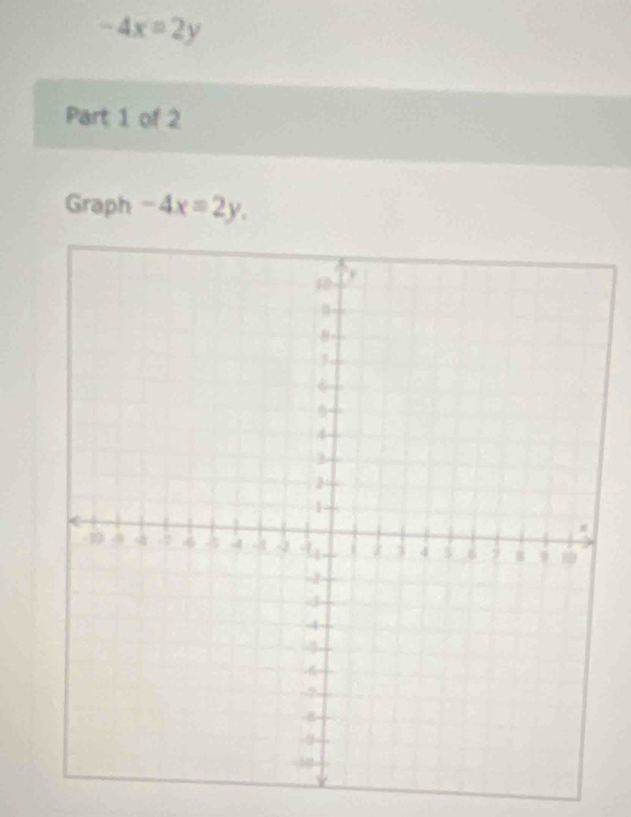 -4x=2y
Part 1 of 2
Graph -4x=2y,