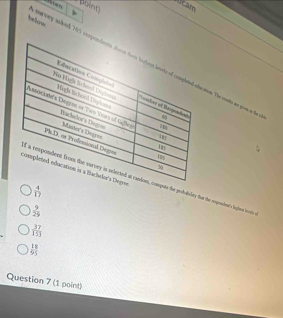 Ucam
astan point)
below
urvey asked 705 rescation. The reslts are given in th
pute the probability that the respondent's highest levels
 4/17 
 9/29 
 37/153 
 18/95 
Question 7 (1 point)