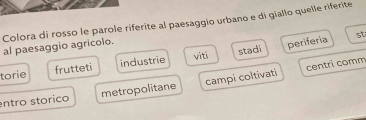 Colora di rosso le parole riferite al paesaggio urbano e di giallo quelle riferite
al paesaggio agricolo.
periferia st
viti
torie frutteti industrie stadi
centri comm
entro storico metropolitane campi coltivati